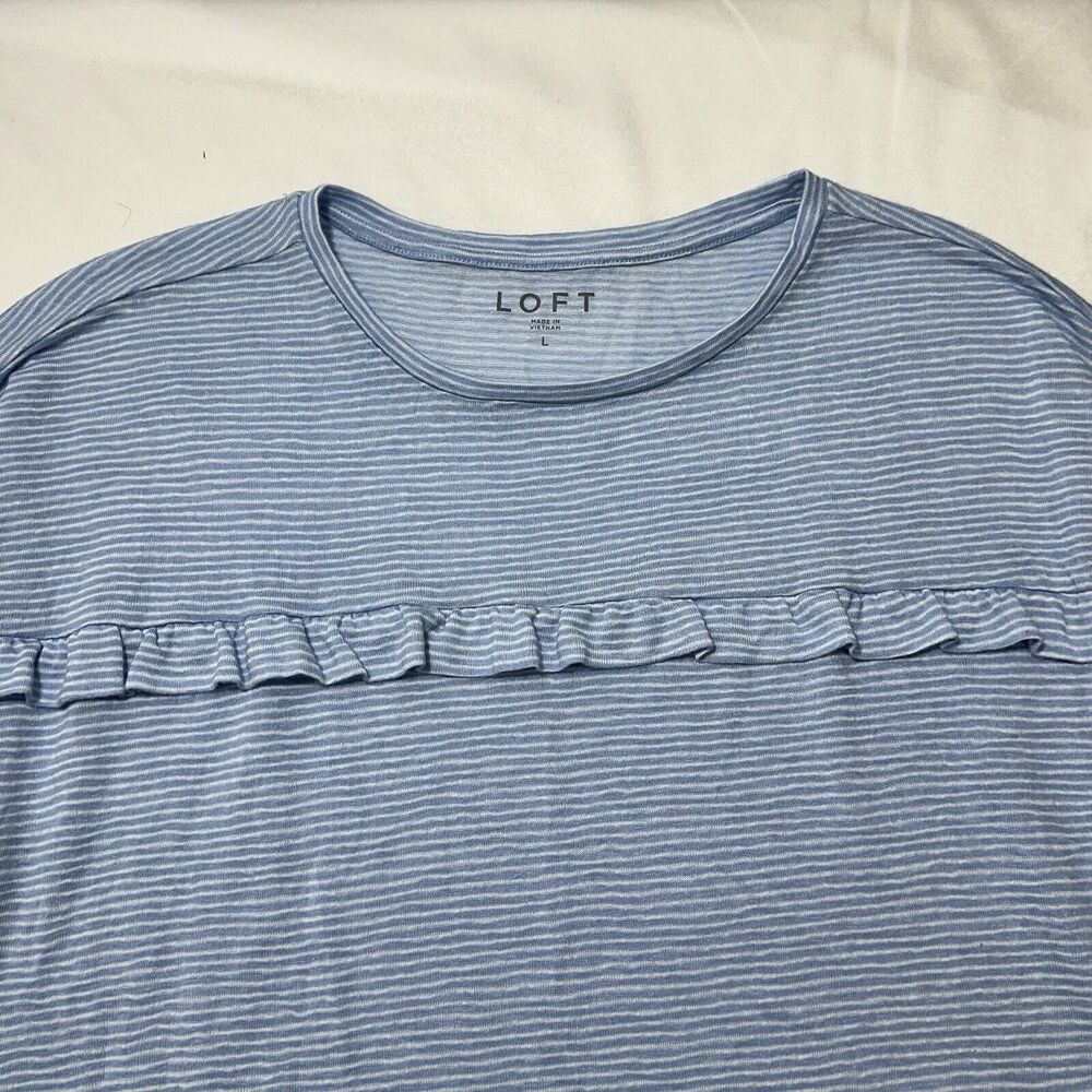 Ann Taylor LOFT Women's Large Blue White Striped Long Sleeve Ruffle T Shirt - Picture 2 of 12